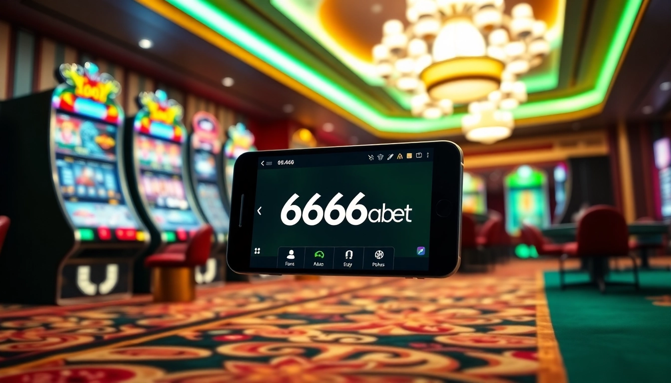 Engage with the exciting 6666bet App on a sleek smartphone amidst a luxurious casino backdrop.