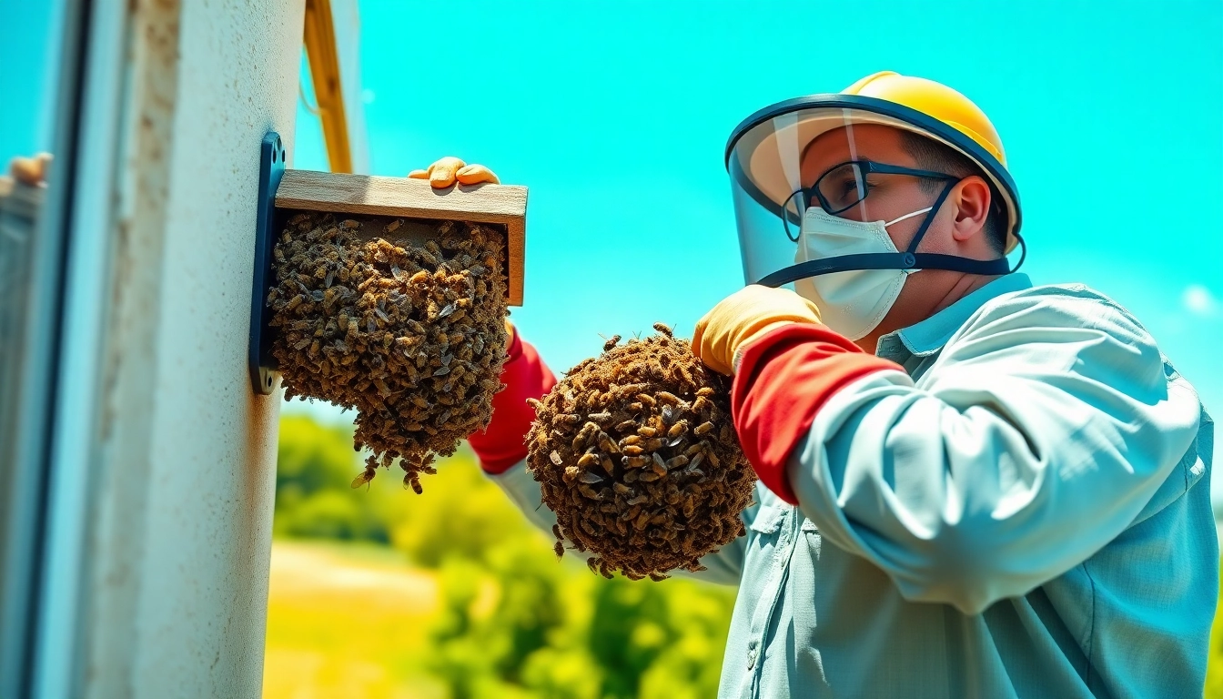 Showcasing commercial bee removal technique by an expert in a vibrant, professional setting.