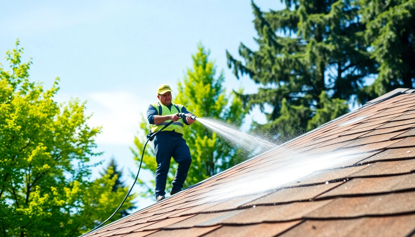 Roof washing Seattle WA professional service showcasing roof cleaning with expert technician.
