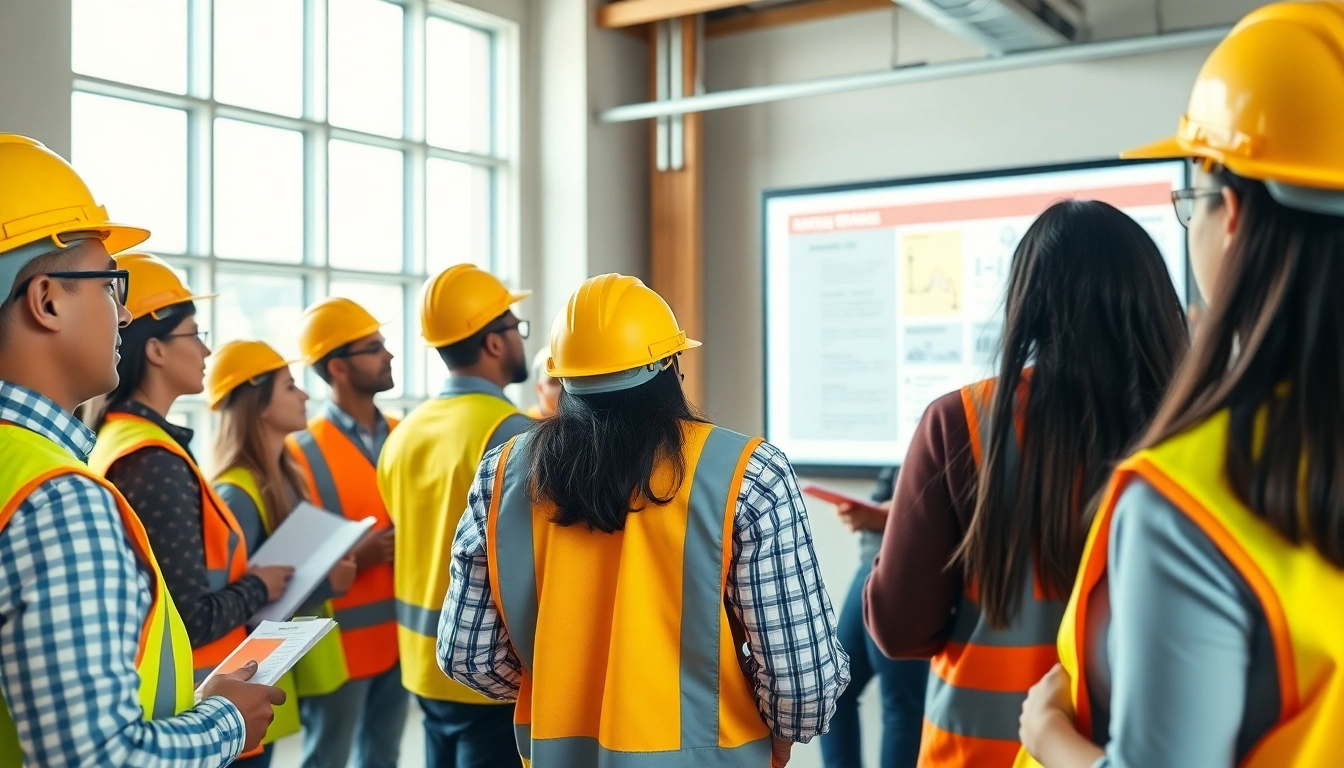 Engaged participants in construction safety training discussing protocols actively.
