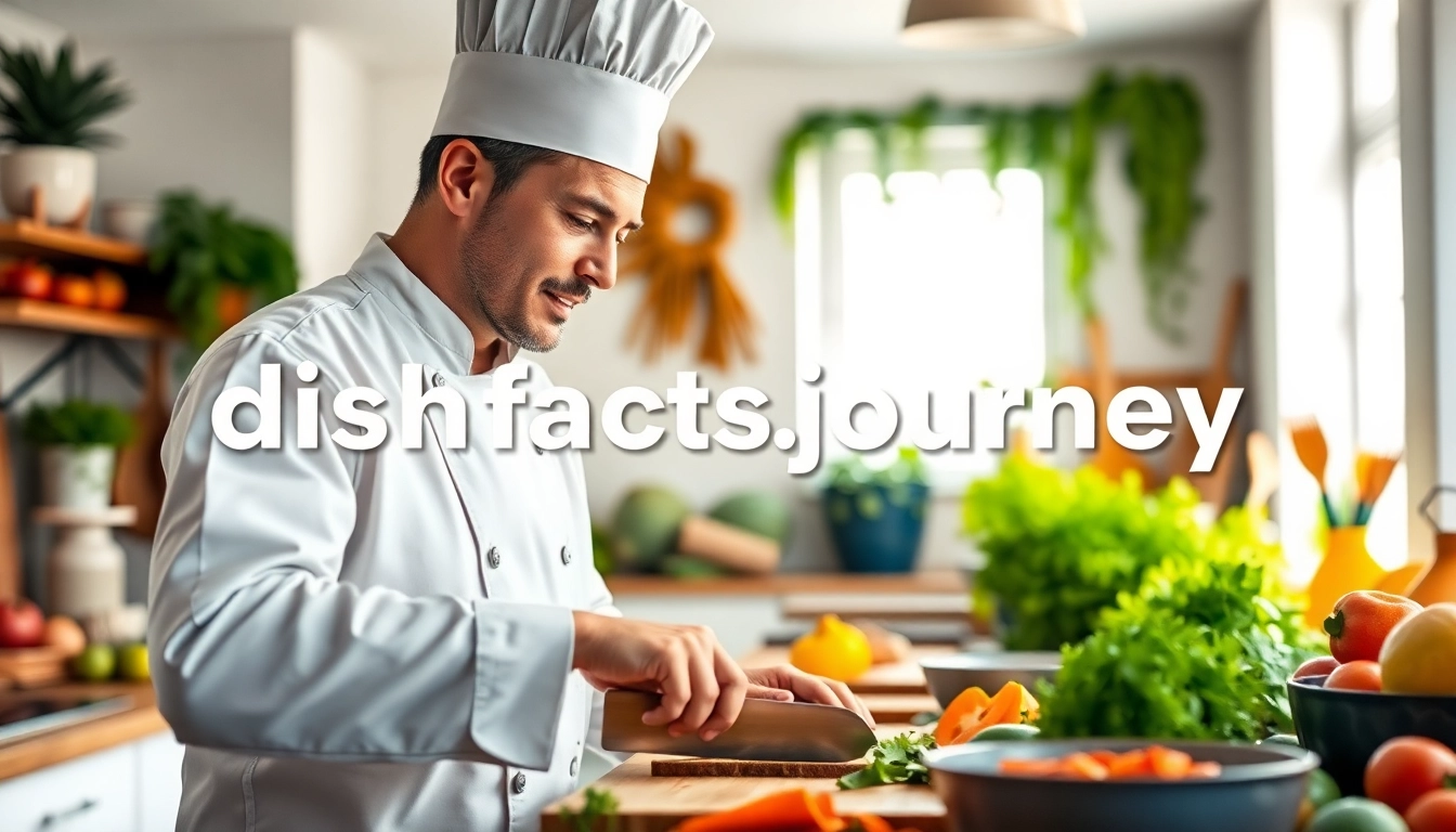 Chef showcasing cooking skills at dishfacts.com in a bright kitchen with fresh ingredients.