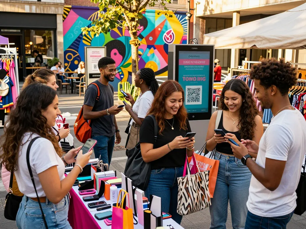 Youthful shoppers experiencing social shopping while engaging with trendy products in an urban market setting, showcasing that Social Shopping Is Exploding.
