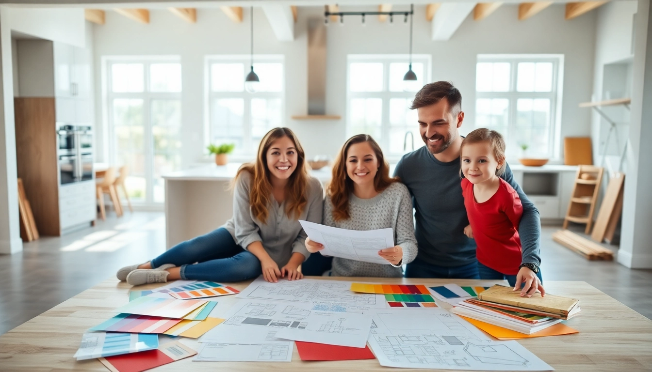 Family engaging in home renovation activities in a well-lit, unfinished kitchen area.