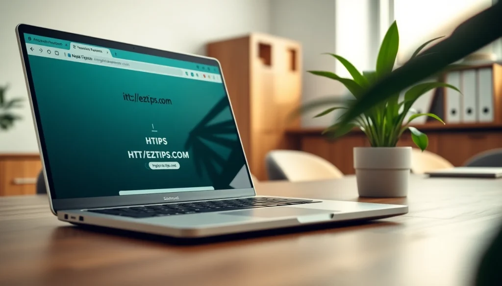 Showcasing a sleek laptop with https://eztips.com in a modern workspace for inspired productivity.