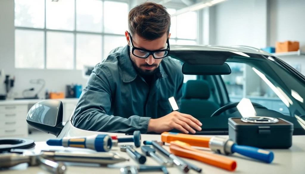 Repair technician assessing a windshield at crystalautoglass.pro workshop, showcasing tools and a professional setting.