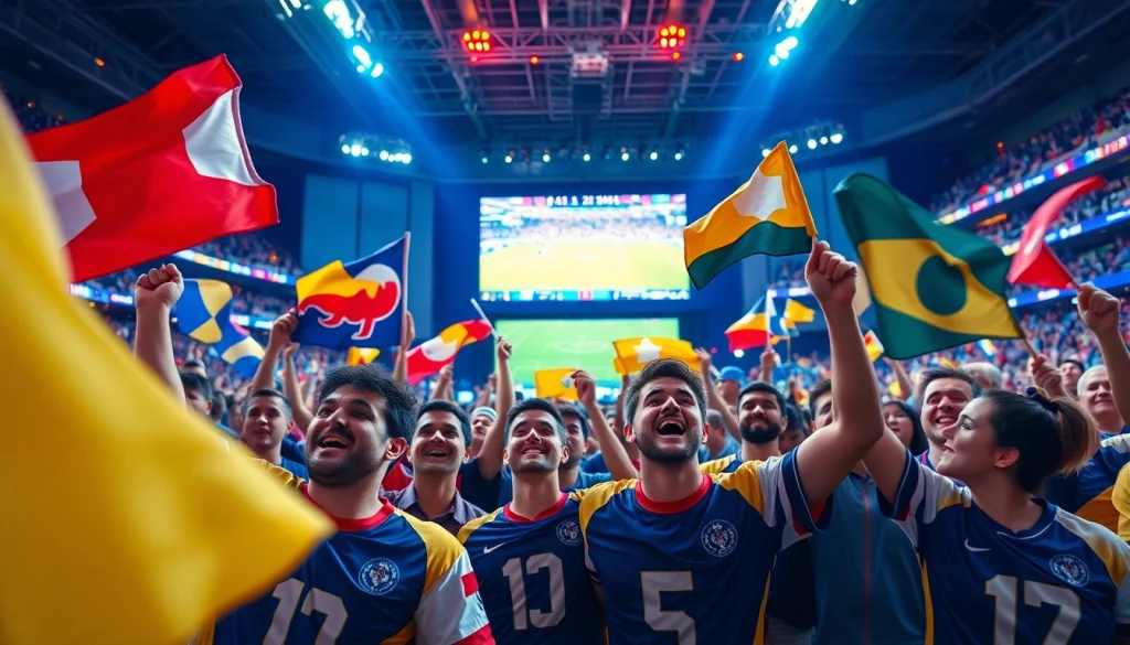 스포츠중계에 열광하는 팬들이 경기장에서 응원하는 모습.