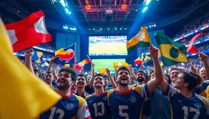 스포츠중계에 열광하는 팬들이 경기장에서 응원하는 모습.