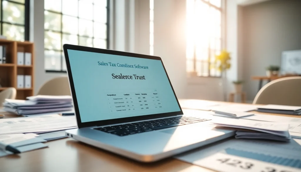 Streamlined sales tax compliance software showcased on a laptop among financial documents, emphasizing efficiency.