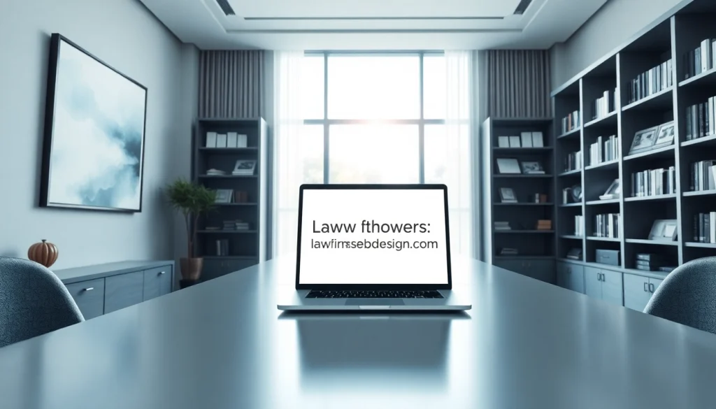 Showcase a professional law firm office featuring https://www.lawfirmswebsitedesign.com, designed for client engagement.