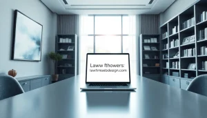 Showcase a professional law firm office featuring https://www.lawfirmswebsitedesign.com, designed for client engagement.