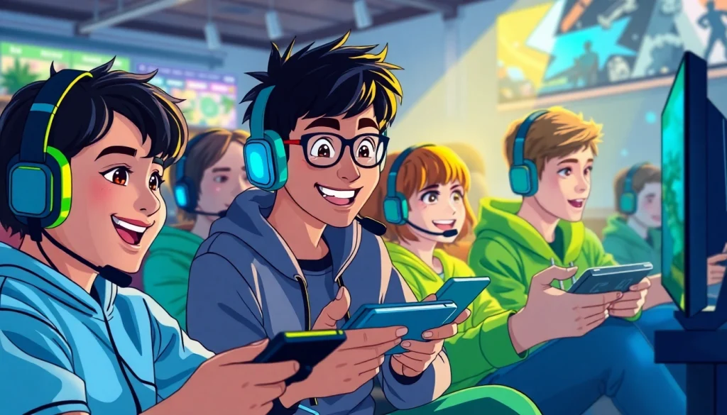 Gamers excitedly engage in lapak303 daftar game with dynamic visuals and vibrant atmosphere.