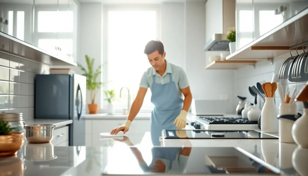Clean and organized kitchen deep cleaning Dubai with an experienced professional scrubbing surfaces.