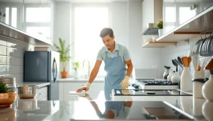 Clean and organized kitchen deep cleaning Dubai with an experienced professional scrubbing surfaces.