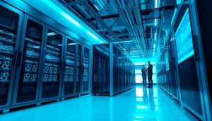 Futuristic cloud mining facility showcasing advanced cryptocurrency technology and digital interfaces.