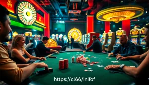Engaged players at a high-stakes poker table inspired by https://c168.info/, highlighting intense gambling action and vibrant casino atmosphere.