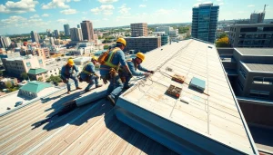 Engaged team performing commercial roofing services on a vibrant city rooftop, showcasing durability.