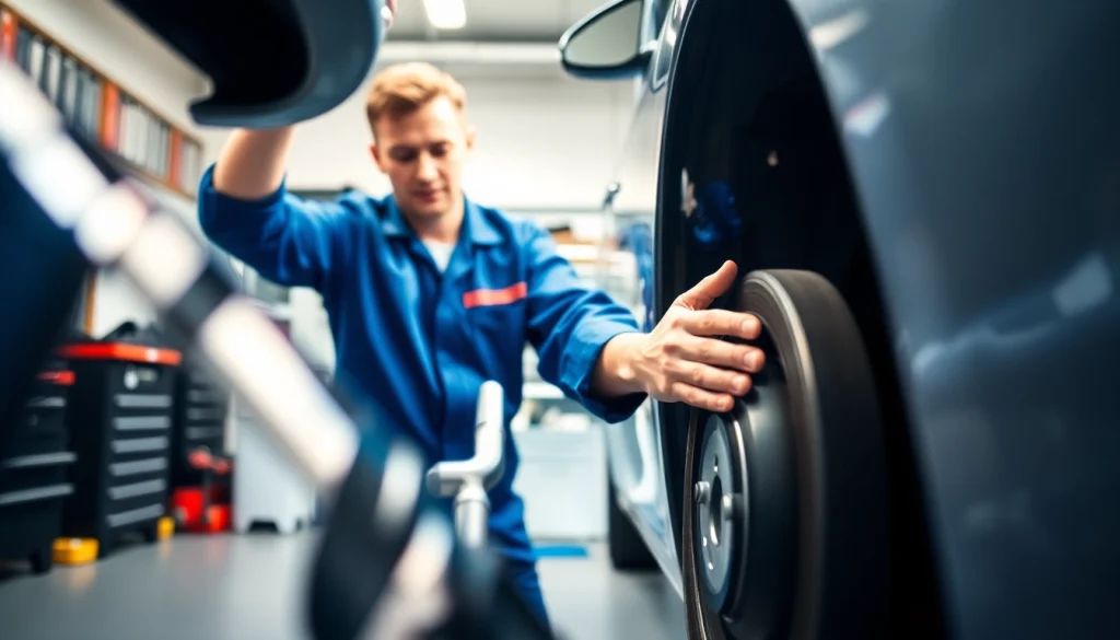 Mechaniker bei der hauptuntersuchung berlin überprüft Bremsen eines Fahrzeugs