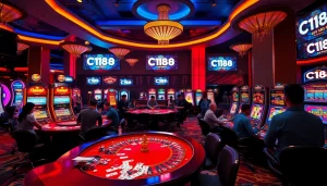 Experience C168’s vibrant casino floor with players at tables and thrilling slots.