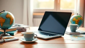 Plan your next adventure at https://travelvixta.com with a professional travel setup featuring a laptop and guides.