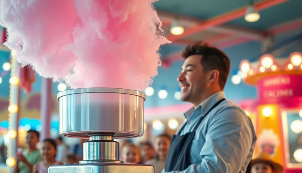 Creëer heerlijke wafel katoen op een levendig festival met blijde kinderen.