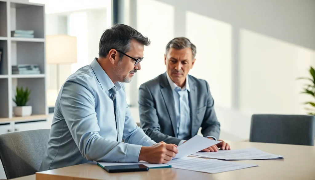 Personal injury attorney consulting with a client in a modern office setting.
