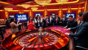 Engaging players immersed in the MV88 game at a vibrant casino table.