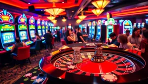 Experience the thrill of mm888 at a colorful casino roulette table with players placing bets and celebrating wins.