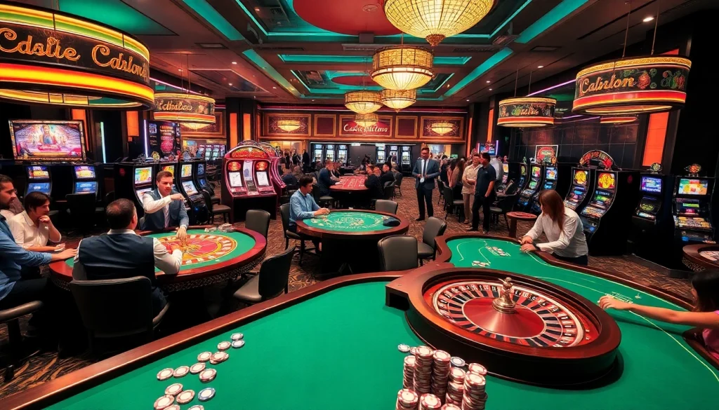 Vibrant casino scene showcasing KJC AC 1 with gaming tables, roulette wheel, and slot machines.
