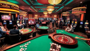 Vibrant casino scene showcasing KJC AC 1 with gaming tables, roulette wheel, and slot machines.