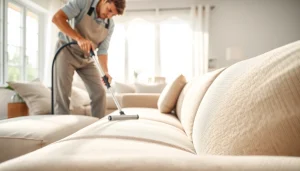 Sofa cleaning Dubai service showcasing a technician cleaning a well-maintained sofa