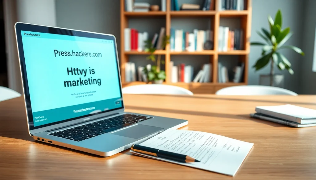 Engaging digital marketing setup showcasing https://presshackers.com on a modern workspace desk.