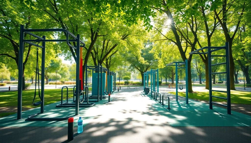 Engaging outdoor fitness equipment in a vibrant park encourages community workouts.