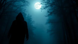 Engaging thriller atmosphere featuring a shadowy figure in a foggy forest under a full moon.