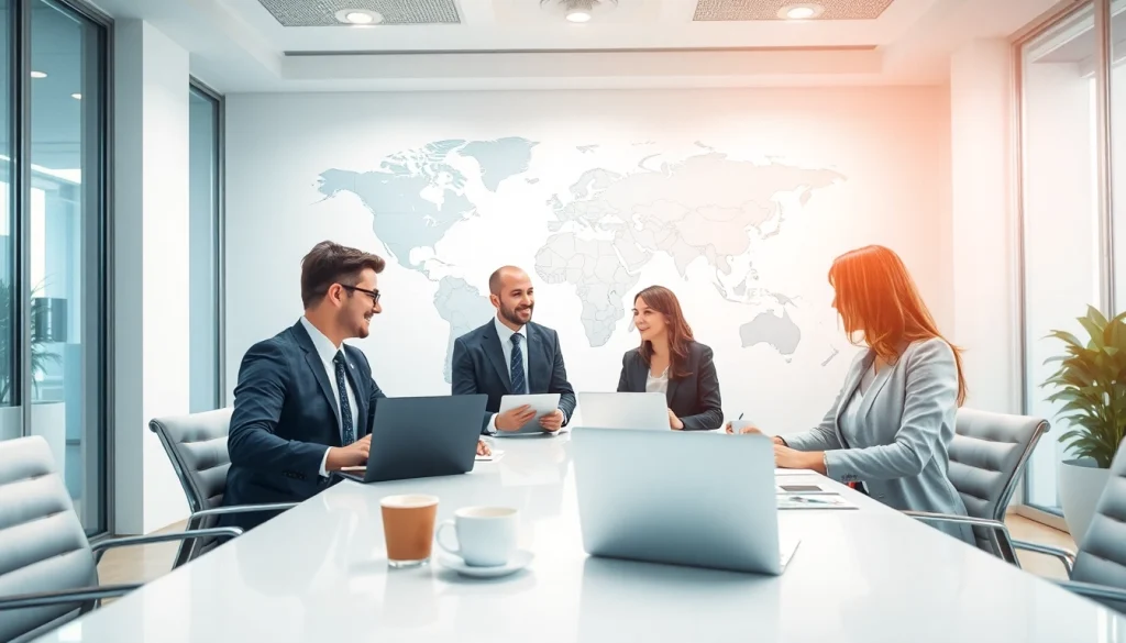 Engaging meeting of international real estate companies in a modern office setting.