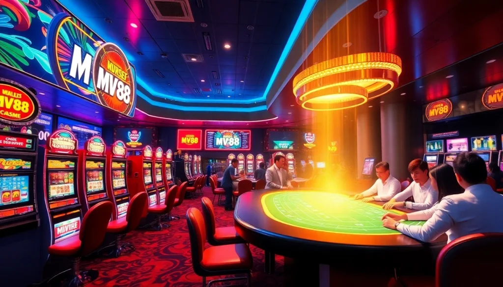 Exciting scene of MV88 game in a vibrant casino atmosphere with players engaged in gambling activities.