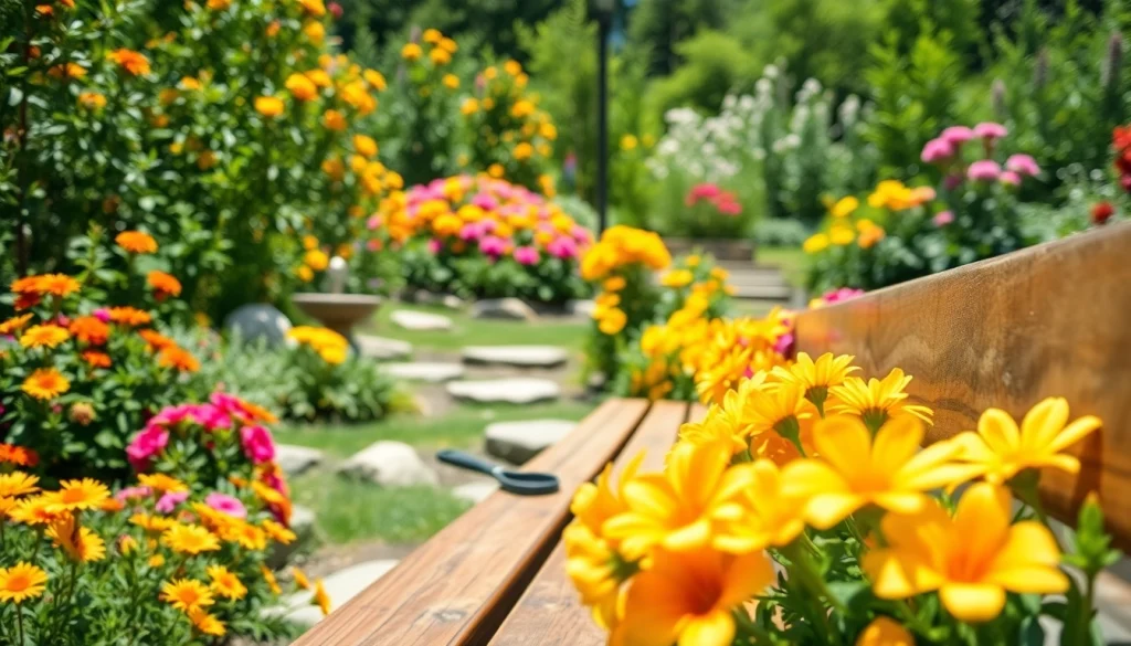 Verzorgde tuin met kleurrijke bloemen en een houten bank, te vinden op https://detuinassistent.nl.
