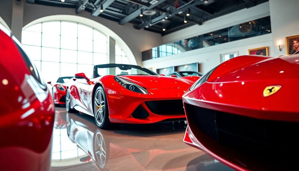 Experience luxury at the Ferrari dealership Cape Town with stunning Ferrari models illuminated prominently.