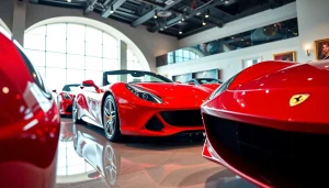 Experience luxury at the Ferrari dealership Cape Town with stunning Ferrari models illuminated prominently.