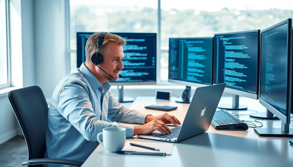 Providing computer support and services with a technician in a modern office setting.