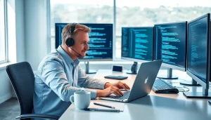 Providing computer support and services with a technician in a modern office setting.