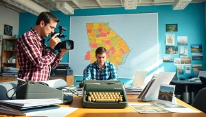 The Georgia Sun team collaborating actively in a vibrant newsroom, infused with Georgia's spirit and culture.