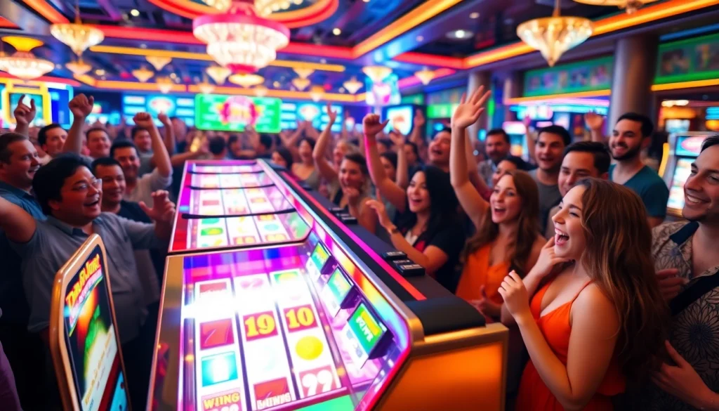Putar slot mesin di kasino yang ramai dengan suasana meriah.