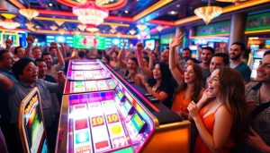 Putar slot mesin di kasino yang ramai dengan suasana meriah.