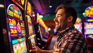 Memenangkan slot gacor dengan penuh kegembiraan di kasino, dikelilingi koin berkilauan.