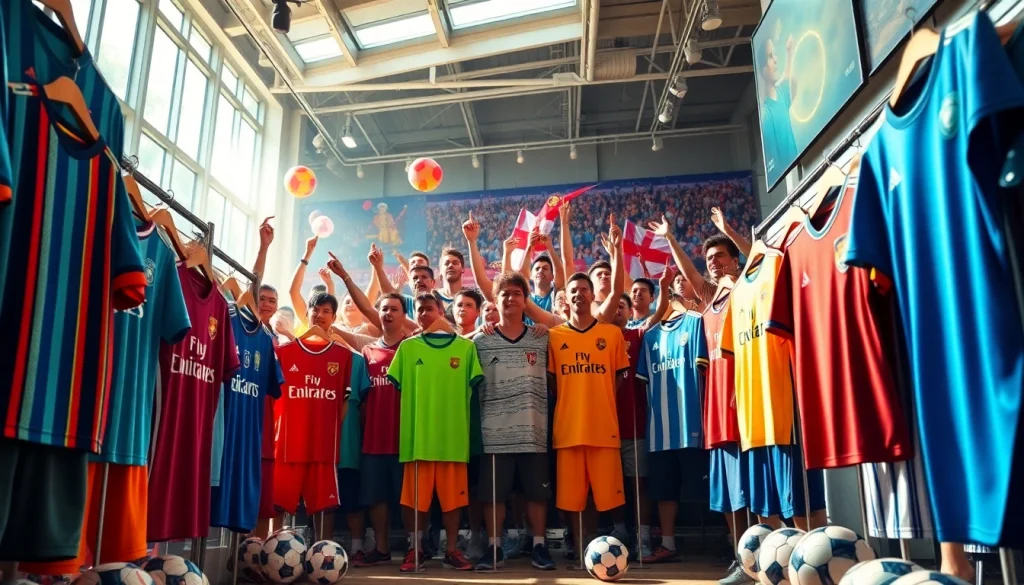 Showcasing vibrant football kits in a lively sports setting, highlighting diverse designs and teams.