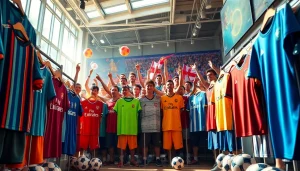 Showcasing vibrant football kits in a lively sports setting, highlighting diverse designs and teams.