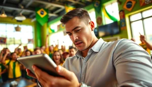 Engaging in sports betting in Brazil with a focus on digital platforms and lively atmosphere.