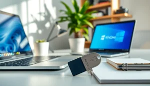 Highlighting a Windows 11 Pro Key on a modern workspace with tech elements.