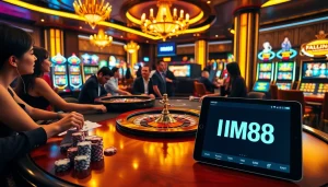Exciting gameplay at MM88 featuring casino tables, poker chips, and a vibrant roulette wheel.