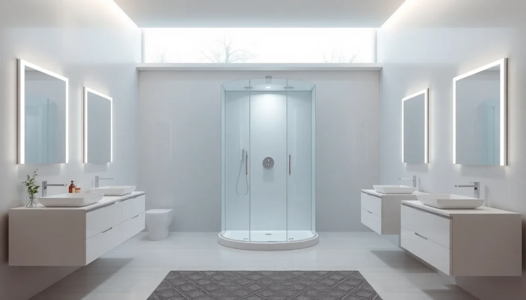 Admire le mobilier moderne sirhona, incluant une cabine de douche élégante et des miroirs LED.